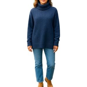 L.L. Bean Signature Preppy Cabin‎ Blue Knit Turtleneck Sweater Splatter Print  L